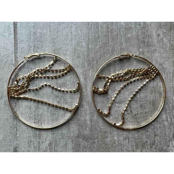 Los Angeles Boutique Large Hoop Circle Gold Earrings Rhinestone Crystal NEW - Picture 5 of 6